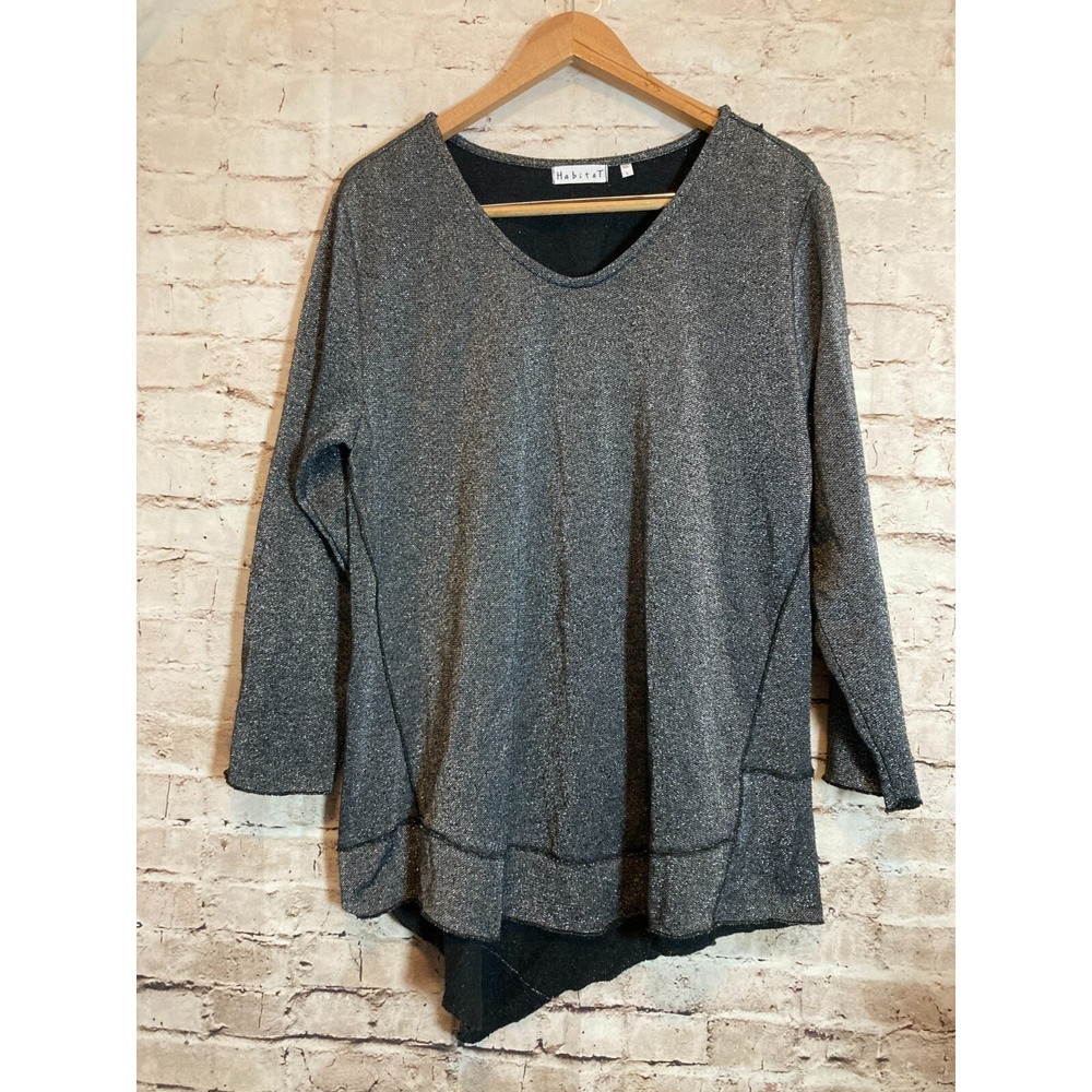 Habitat Top Womens Large Black & Silver Glitter Lagenlook Asymmetric Hem Flowy